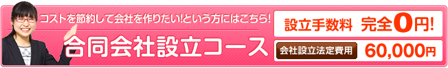 コストを節約して会社を作りたい！という方にはこちら！合同会社設立コース 設立手数料  完全0円！会社設立法定費用 60,000円